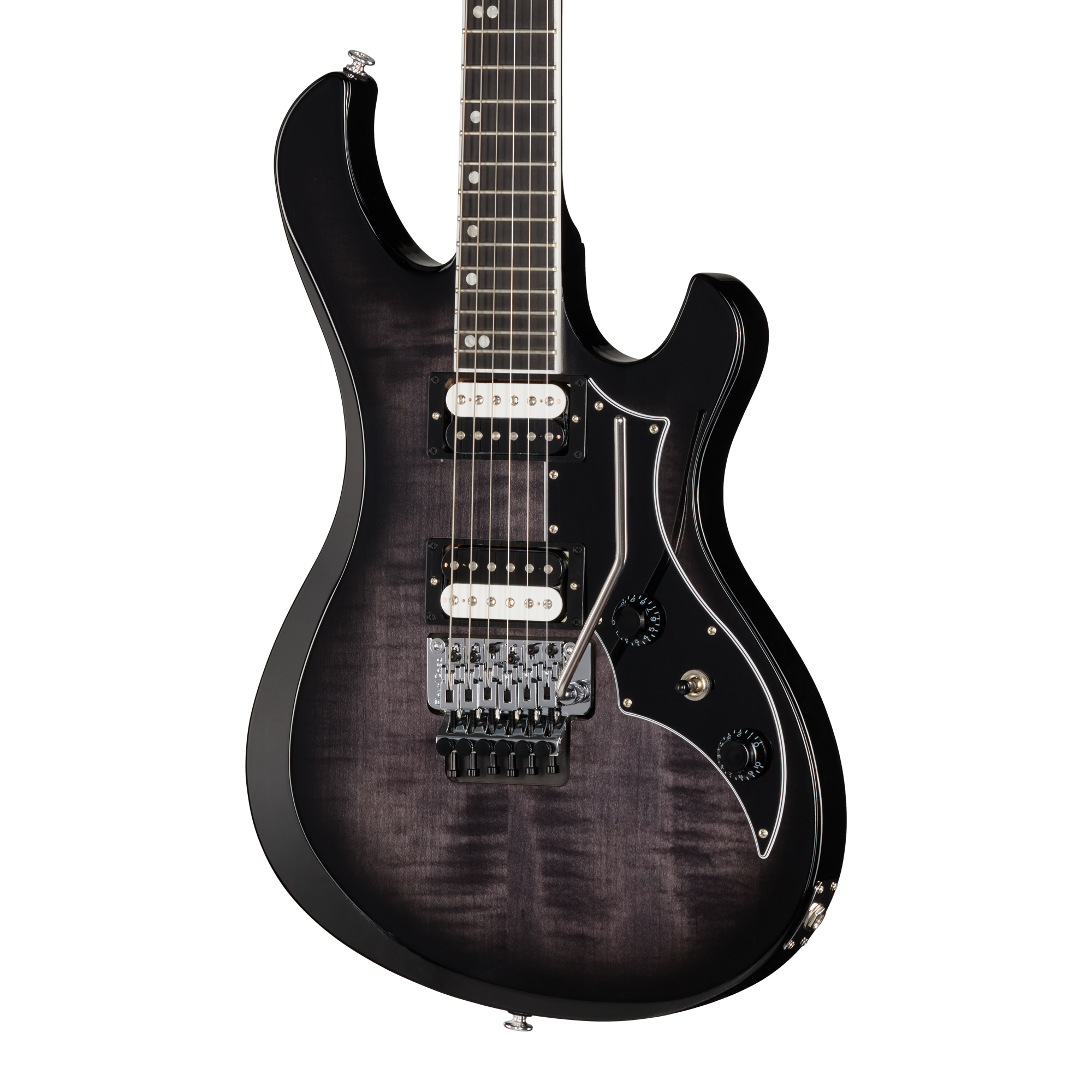 E-Gitarre, Schwarzer Korpus, Flamed-Maple-Decke, Humbucker-Tonabnehmer, Tremolo-System